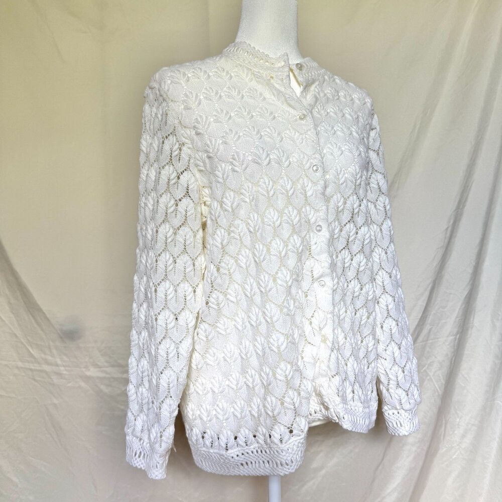 vintage 80s Montgomery Ward cardigan women L white open knit cottagecore grandma